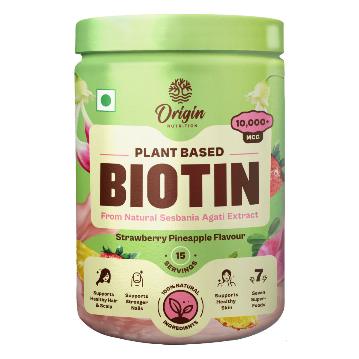 Buy Origin Nutrition 100% Natural Plant Based Biotin Strawberry Pineapple Flavour Powder, 120 gm Online