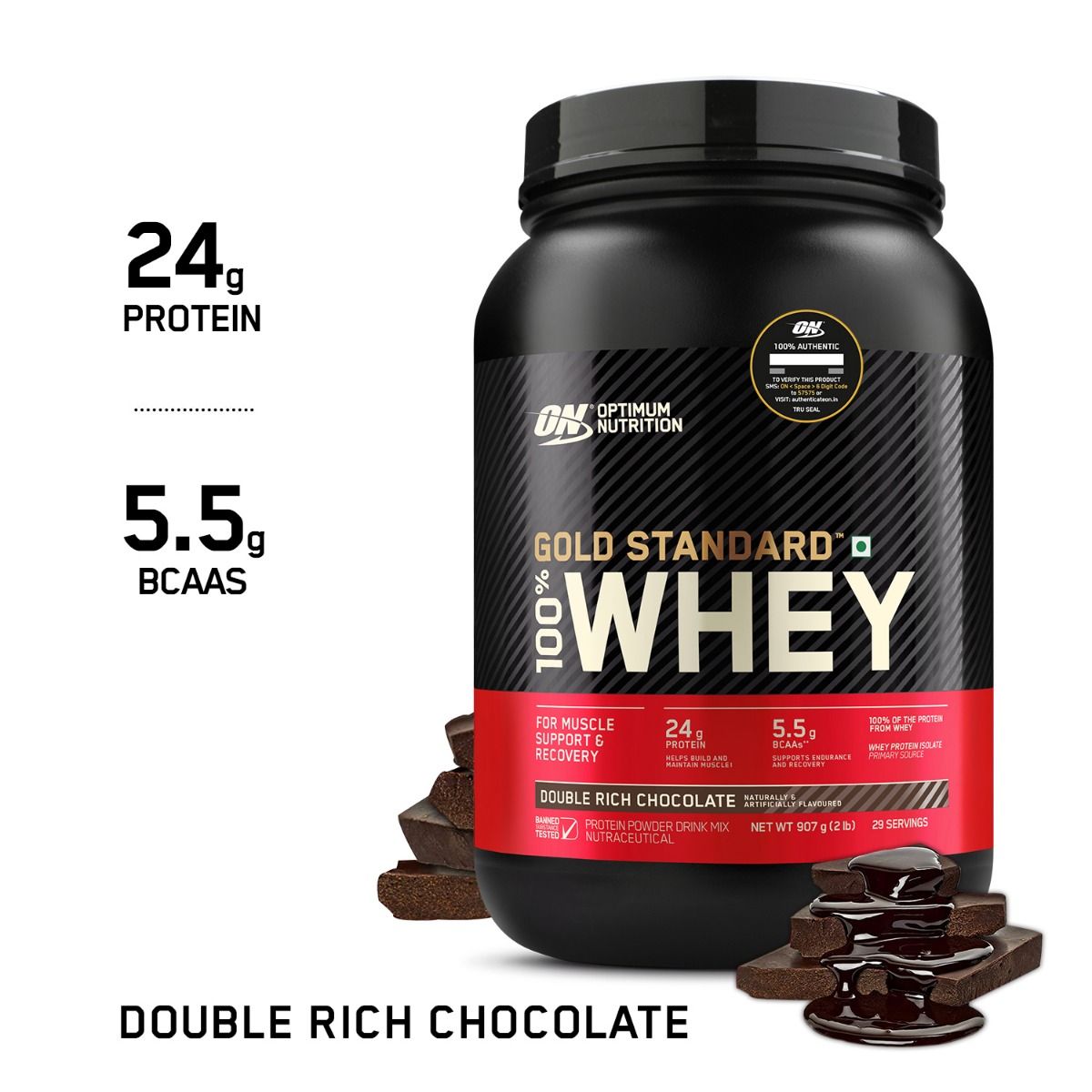 Optimum Nutrition (ON) Gold Standard 100% Whey Protein Double Rich Chocolate Flavour Powder, 2 lb, Pack of 1 