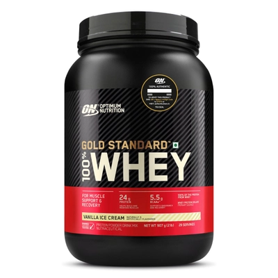 Optimum Nutrition (ON) Gold Standard 100% Whey Protein Vanilla Ice Cream Flavour Powder, 2 lb, Pack of 1