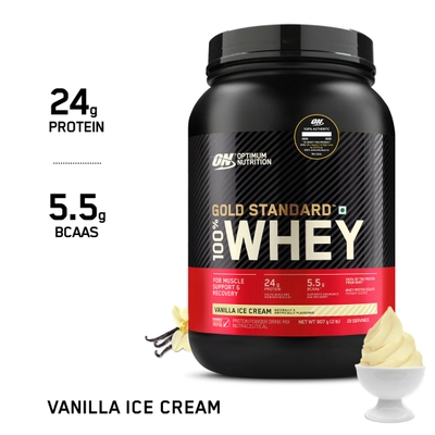 Optimum Nutrition (ON) Gold Standard 100% Whey Protein Vanilla Ice Cream Flavour Powder, 2 lb, Pack of 1