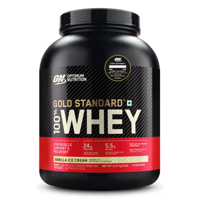 Optimum Nutrition (ON) Gold Standard 100% Whey Protein Vanilla Ice Cream Flavour Powder, 5 lb, Pack of 1