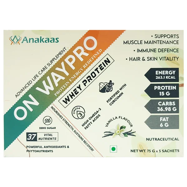 On Waypro Whey Protein Vanilla Flavour Sachet, 375 gm (5X75 gm)