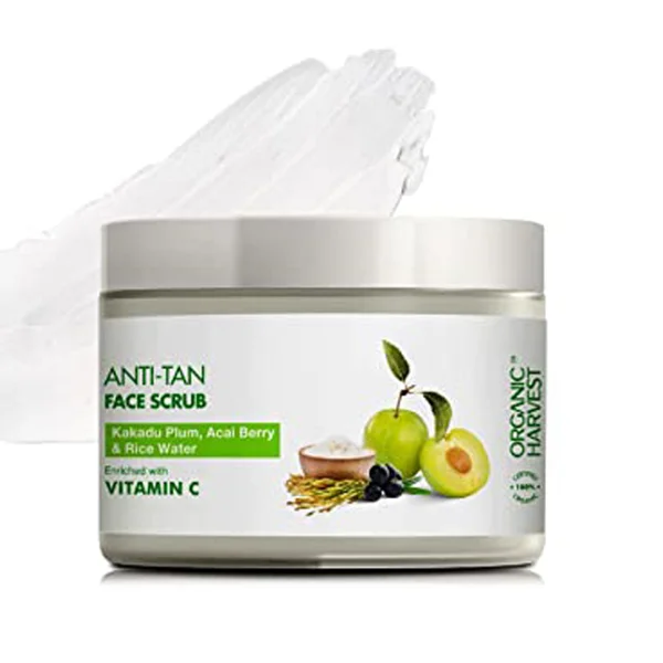 Organic Harvest Anti Tan Face Scrub 100 gm | With Vitamin C, Kakadu Plum, Acai Berry &amp; Chia Seed | Fades Away Tanning | Skin Brightening Scrub | 100% Organic Certified, Pack of 1