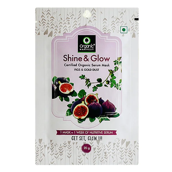 Organic Harvest Shine and Glow Sheet Mask 20 gm | With Figs &amp; Gold Dust | Fights Aging | Nourishes Skin | Gives Youthful Skin | Certified Organic Serum mask, Pack of 1