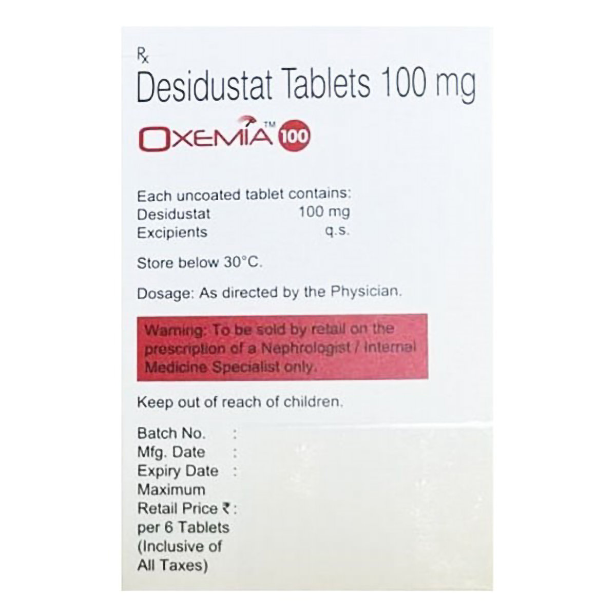 Oxemia 100 Tablet 6's, Pack of 6 TABLETS Oxemia 100 Tablet 6's, Pack of 6 TABLETS