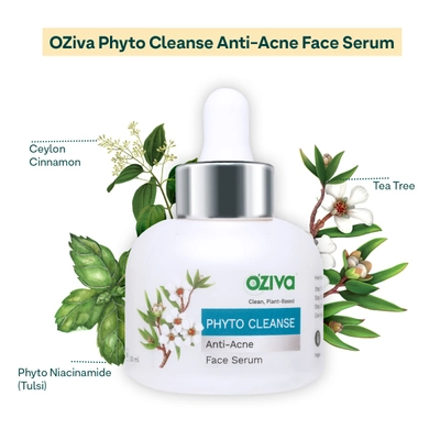 OZiva Phyto Cleanse Anti-Acne Face Serum 30 ml | Ceylon Cinnamon, Phyto Niacinamide, Tea Tree | Controls Acne | Reduces Blemish | For Men &amp; Women | For Oily, Combination, Acne Prone Skin &amp; All Skin Type, Pack of 1