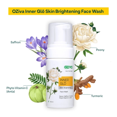 OZiva Inner Glo Skin Brightening Gel Face Wash 100 ml | White Peony Extract, Saffron, Turmeric, Phyto Vitamin C, AHA | Gentle Exfoliation | Increase Radiance | Gives Even Skin Tone | For Men &amp; Women | For All Skin Type, Pack of 1