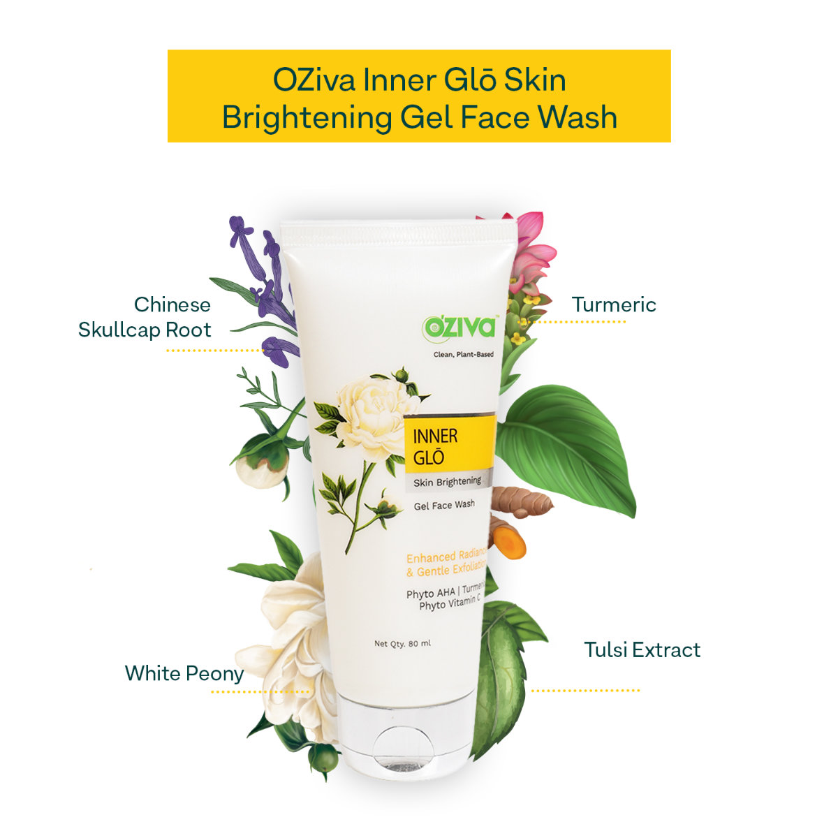 OZiva Inner Glo Skin Brightening Gel Face Wash 80 ml | White Peony Extract, Saffron, Turmeric, Phyto Vitamin C, AHA | Gentle Exfoliation | Increase Radiance | Gives Even Skin Tone | For Men & Women | For All Skin Type, Pack of 1 OZiva Inner Glo Skin Brightening Gel Face Wash 80 ml | White Peony Extract, Saffron, Turmeric, Phyto Vitamin C, AHA | Gentle Exfoliation | Increase Radiance | Gives Even Skin Tone | For Men & Women | For All Skin Type, Pack of 1