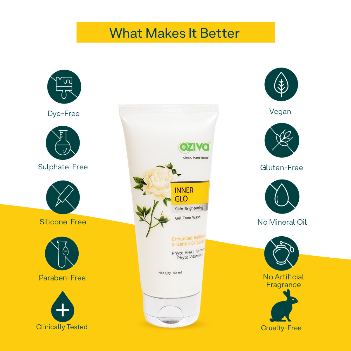 OZiva Inner Glo Skin Brightening Gel Face Wash 80 ml | White Peony Extract, Saffron, Turmeric, Phyto Vitamin C, AHA | Gentle Exfoliation | Increase Radiance | Gives Even Skin Tone | For Men & Women | For All Skin Type, Pack of 1 OZiva Inner Glo Skin Brightening Gel Face Wash 80 ml | White Peony Extract, Saffron, Turmeric, Phyto Vitamin C, AHA | Gentle Exfoliation | Increase Radiance | Gives Even Skin Tone | For Men & Women | For All Skin Type, Pack of 1