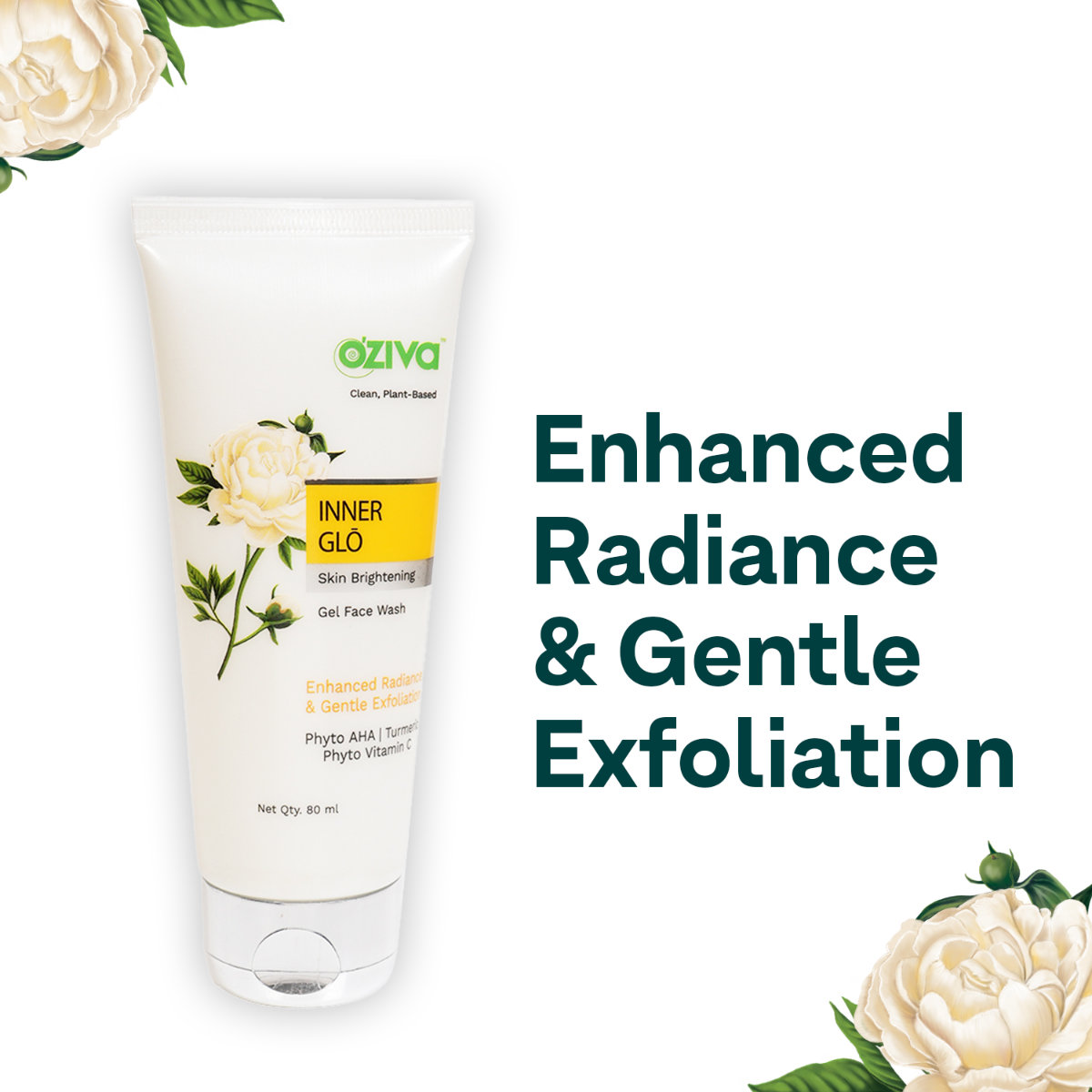 OZiva Inner Glo Skin Brightening Gel Face Wash 80 ml | White Peony Extract, Saffron, Turmeric, Phyto Vitamin C, AHA | Gentle Exfoliation | Increase Radiance | Gives Even Skin Tone | For Men & Women | For All Skin Type, Pack of 1 OZiva Inner Glo Skin Brightening Gel Face Wash 80 ml | White Peony Extract, Saffron, Turmeric, Phyto Vitamin C, AHA | Gentle Exfoliation | Increase Radiance | Gives Even Skin Tone | For Men & Women | For All Skin Type, Pack of 1