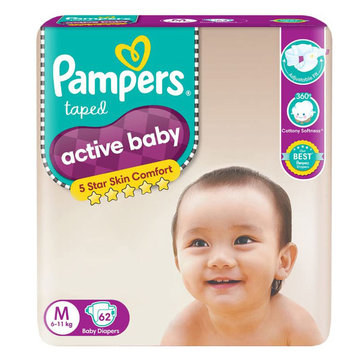 Pampers Active Baby Taped Diapers Medium, 62 Count , Pack of 1 