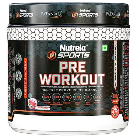 Patanjali Nutrela Sports Pre - Workout Watermelon Flavour Powder, 300 gm