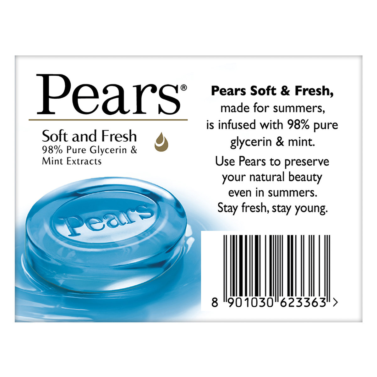 Pears Soft & Fresh Soap 75 gm | 98% Pure Glycerin & Mint Extract | Keeps Skin Refreshed & Moisturised During Harsh Summer, Pack of 1 Pears Soft & Fresh Soap 75 gm | 98% Pure Glycerin & Mint Extract | Keeps Skin Refreshed & Moisturised During Harsh Summer, Pack of 1