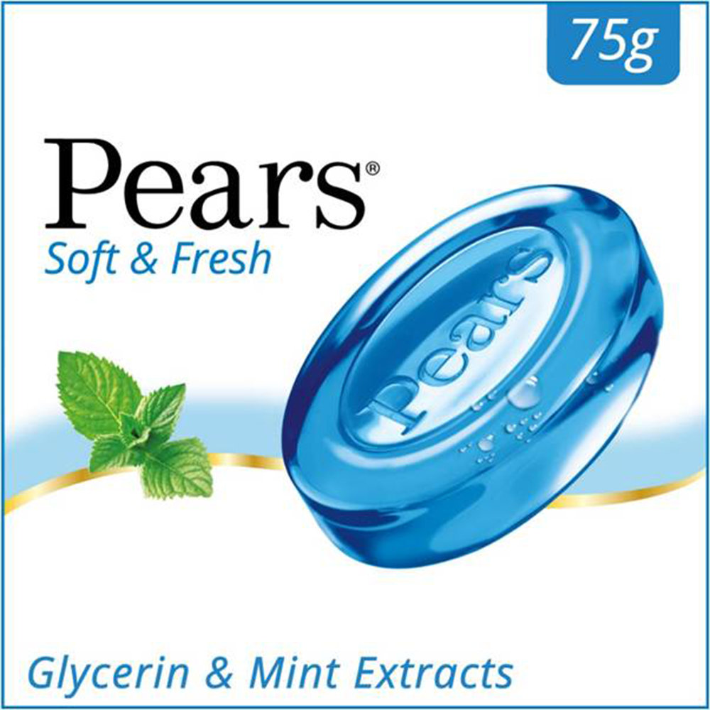 Pears Soft & Fresh Soap 75 gm | 98% Pure Glycerin & Mint Extract | Keeps Skin Refreshed & Moisturised During Harsh Summer, Pack of 1 Pears Soft & Fresh Soap 75 gm | 98% Pure Glycerin & Mint Extract | Keeps Skin Refreshed & Moisturised During Harsh Summer, Pack of 1