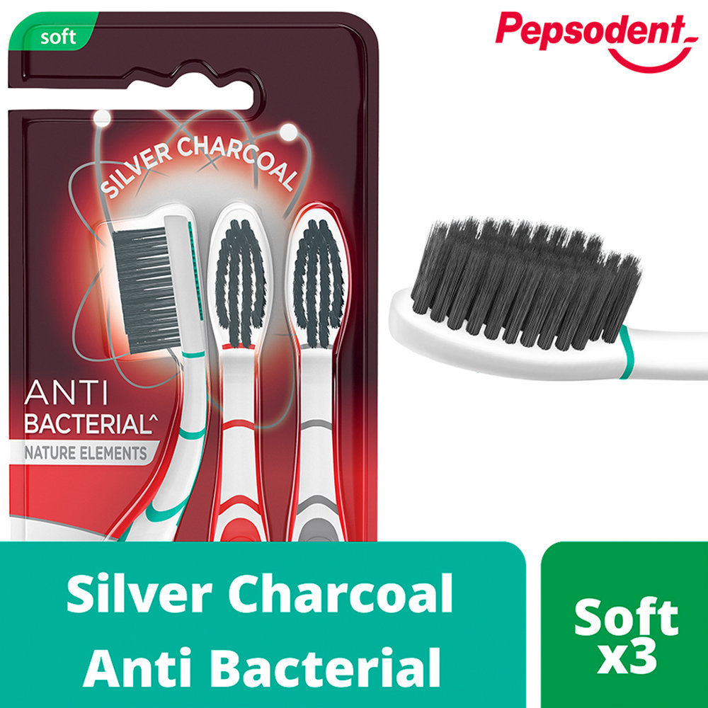 Pepsodent Silver Charcoal Anti Bacterial Soft Toothbrush, 3 Count (Buy 2, Get 1 Free), Pack of 1 Pepsodent Silver Charcoal Anti Bacterial Soft Toothbrush, 3 Count (Buy 2, Get 1 Free), Pack of 1