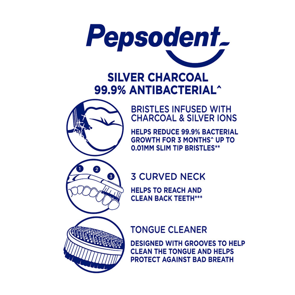 Pepsodent Silver Charcoal Anti Bacterial Soft Toothbrush, 3 Count (Buy 2, Get 1 Free), Pack of 1 Pepsodent Silver Charcoal Anti Bacterial Soft Toothbrush, 3 Count (Buy 2, Get 1 Free), Pack of 1