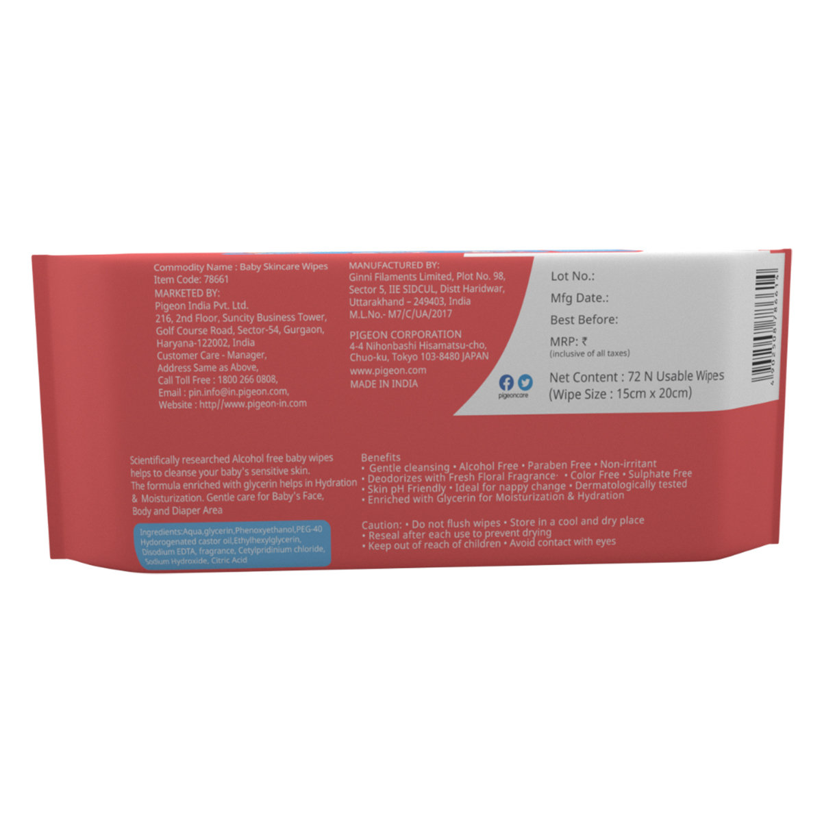 Pigeon Baby Skincare Wipes, 72 Count, Pack of 1 Pigeon Baby Skincare Wipes, 72 Count, Pack of 1