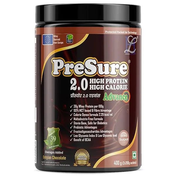 Presure 2.0 Belgian Chocolate Flavour High Protein Powder, 400 gm Jar