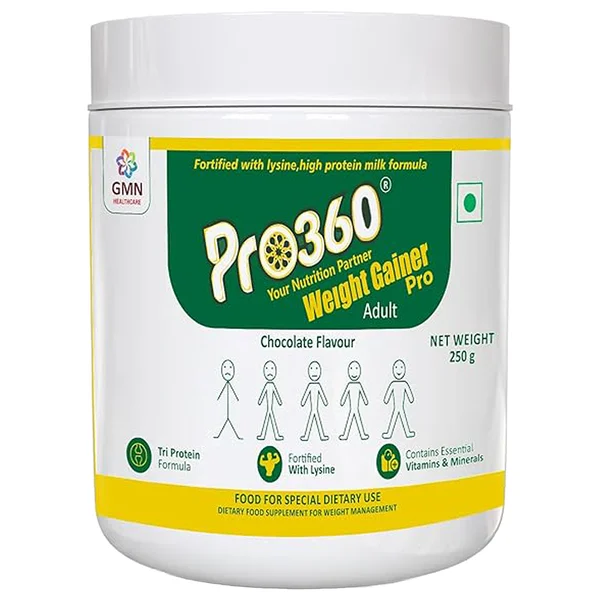 PRO 360 Weight Gainer Chocolate Flavour Powder, 250 gm Tin