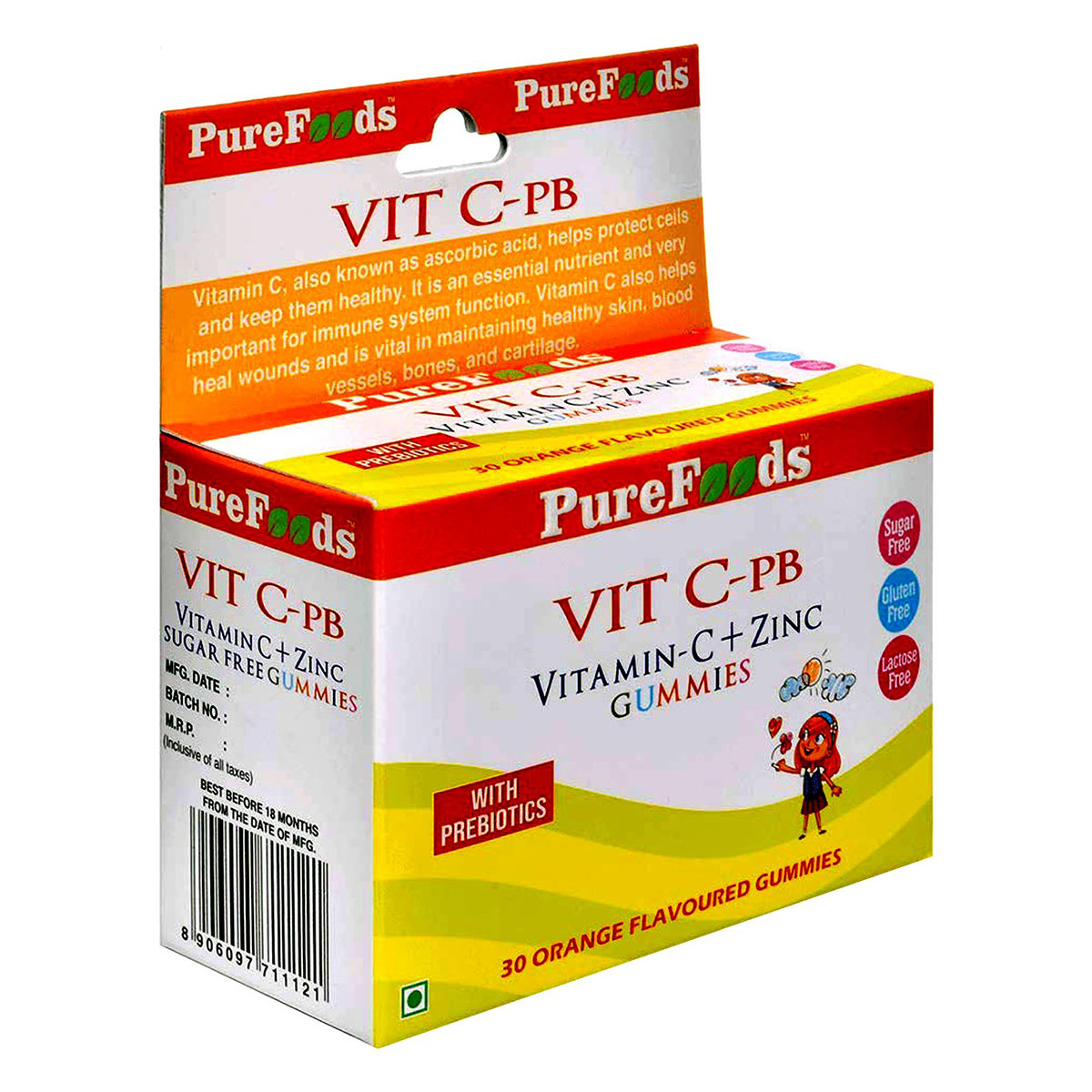 Pure Foods Vit C-Pb Vitamin-C+Zinc Orange Flavour, 30 Gummies, Pack of 1 Pure Foods Vit C-Pb Vitamin-C+Zinc Orange Flavour, 30 Gummies, Pack of 1