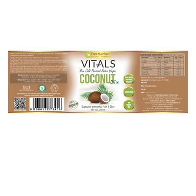 Pure Nutrition Vitals Raw Cold Pressed Extra Virgin Coconut Oil, 250 ml, Pack of 1