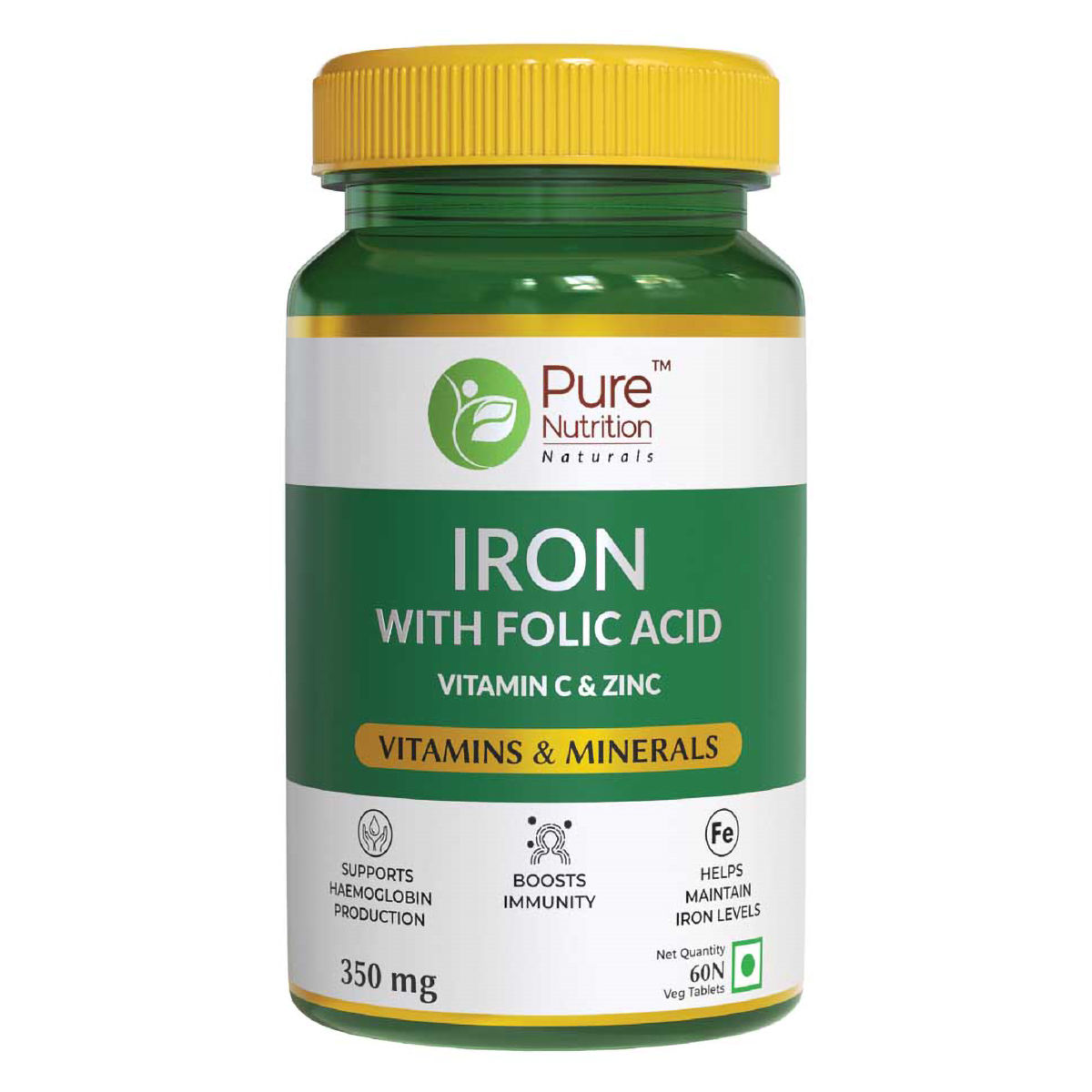 Buy Pure Nutrition Iron with Folic Acid 350 mg, 60 Tablets Online