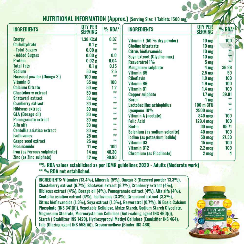 Pure Nutrition Multivitamin for Women 1500 mg, 60 Tablets, Pack of 1 Pure Nutrition Multivitamin for Women 1500 mg, 60 Tablets, Pack of 1