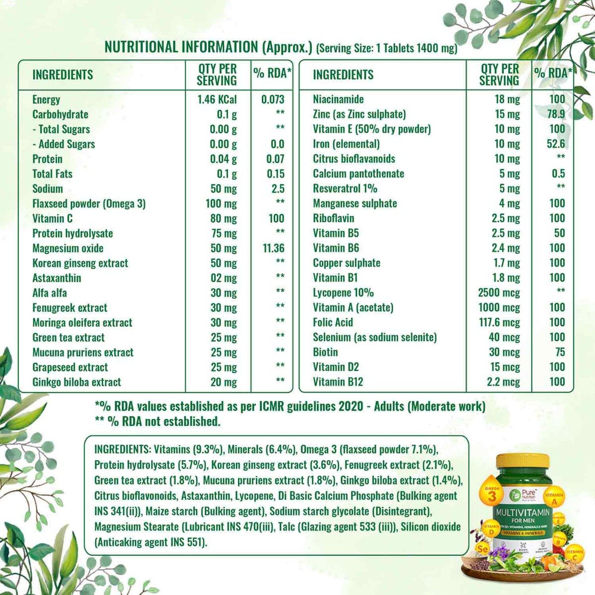 Pure Nutrition Multivitamin 1400 mg for Men, 60 Tablets, Pack of 1 Pure Nutrition Multivitamin 1400 mg for Men, 60 Tablets, Pack of 1