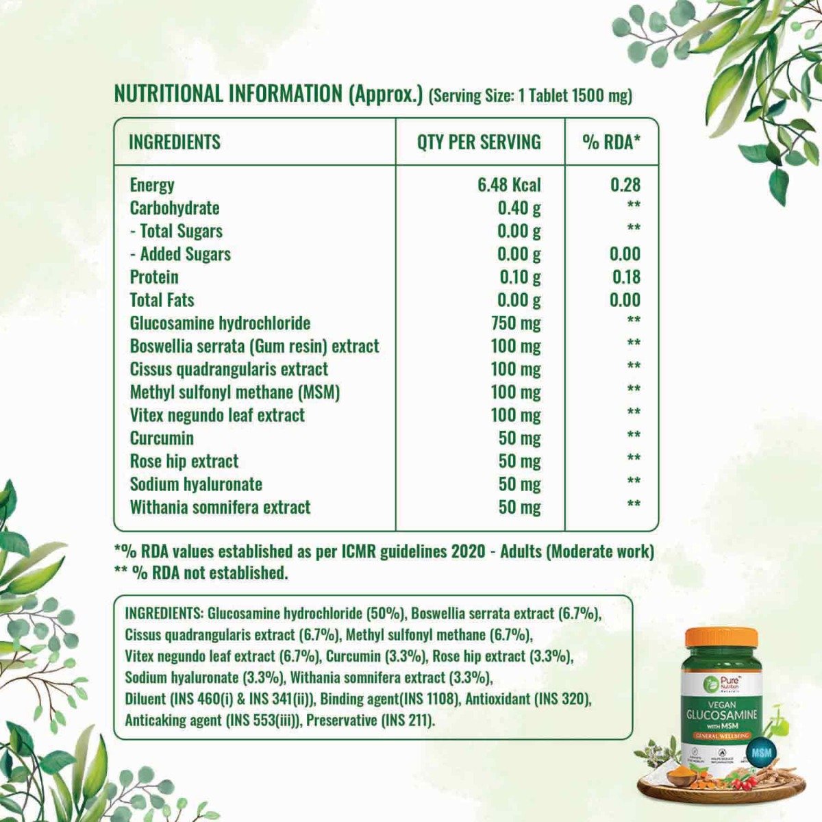 Pure Nutrition Vegan Glucosamine with MSM 1500 mg, 60 Tablets, Pack of 1 Pure Nutrition Vegan Glucosamine with MSM 1500 mg, 60 Tablets, Pack of 1