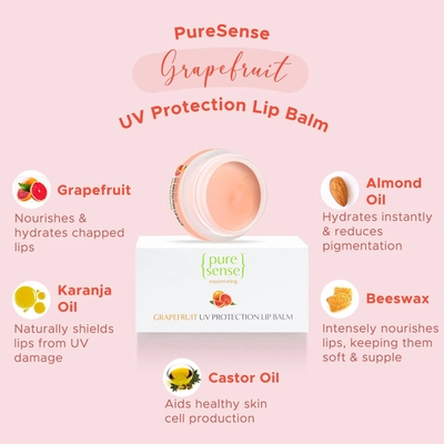 Pure Sense Rejuvenating Grapefruit UV Protection Lip Balm 5 gm | Sun Protection | Heals Chapped Lips | Gives Intensly Moisturised Lips | For All Skin Type, Pack of 1