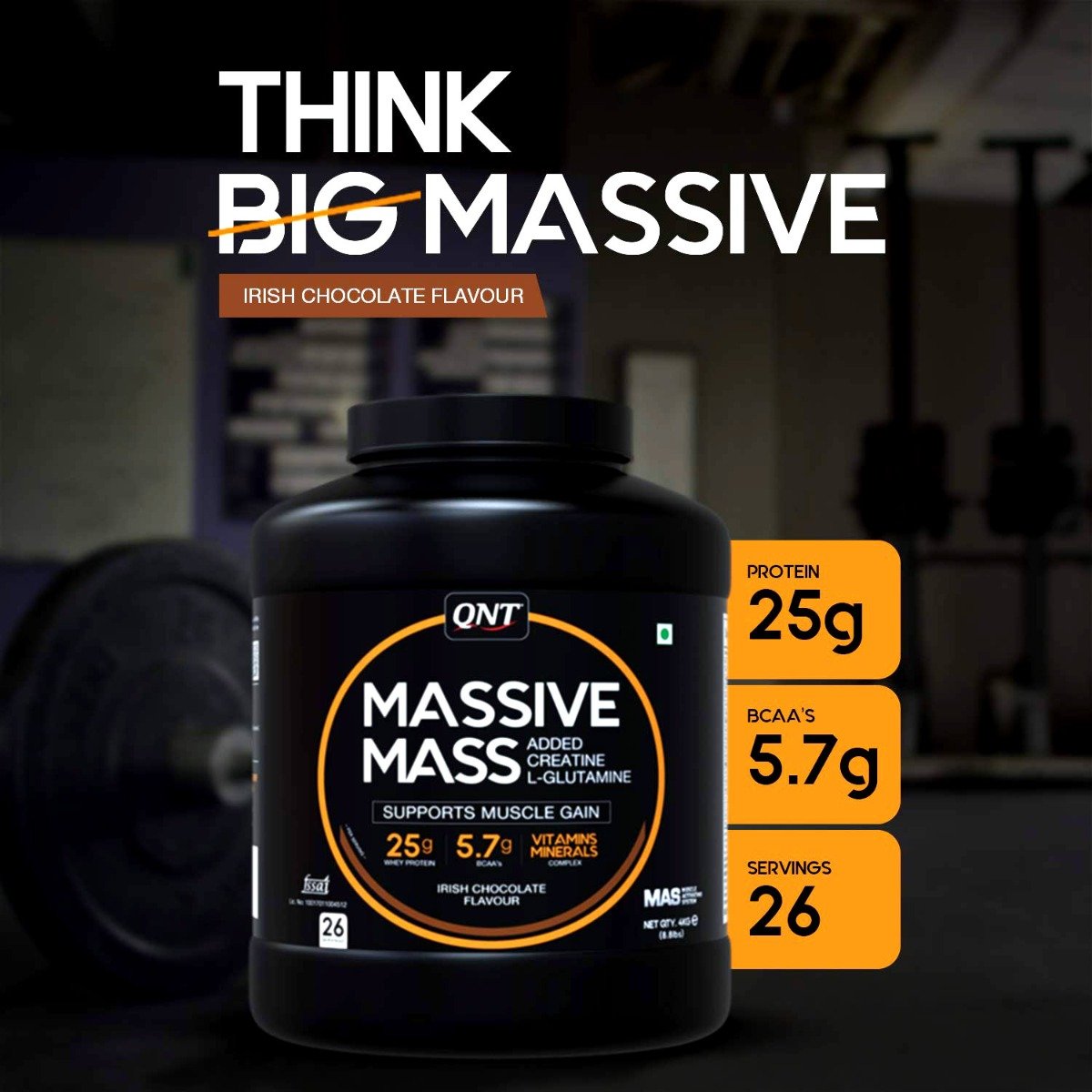 QNT Massive Mass Irish Chocolate Flavour Powder, 4 kg, Pack of 1 QNT Massive Mass Irish Chocolate Flavour Powder, 4 kg, Pack of 1