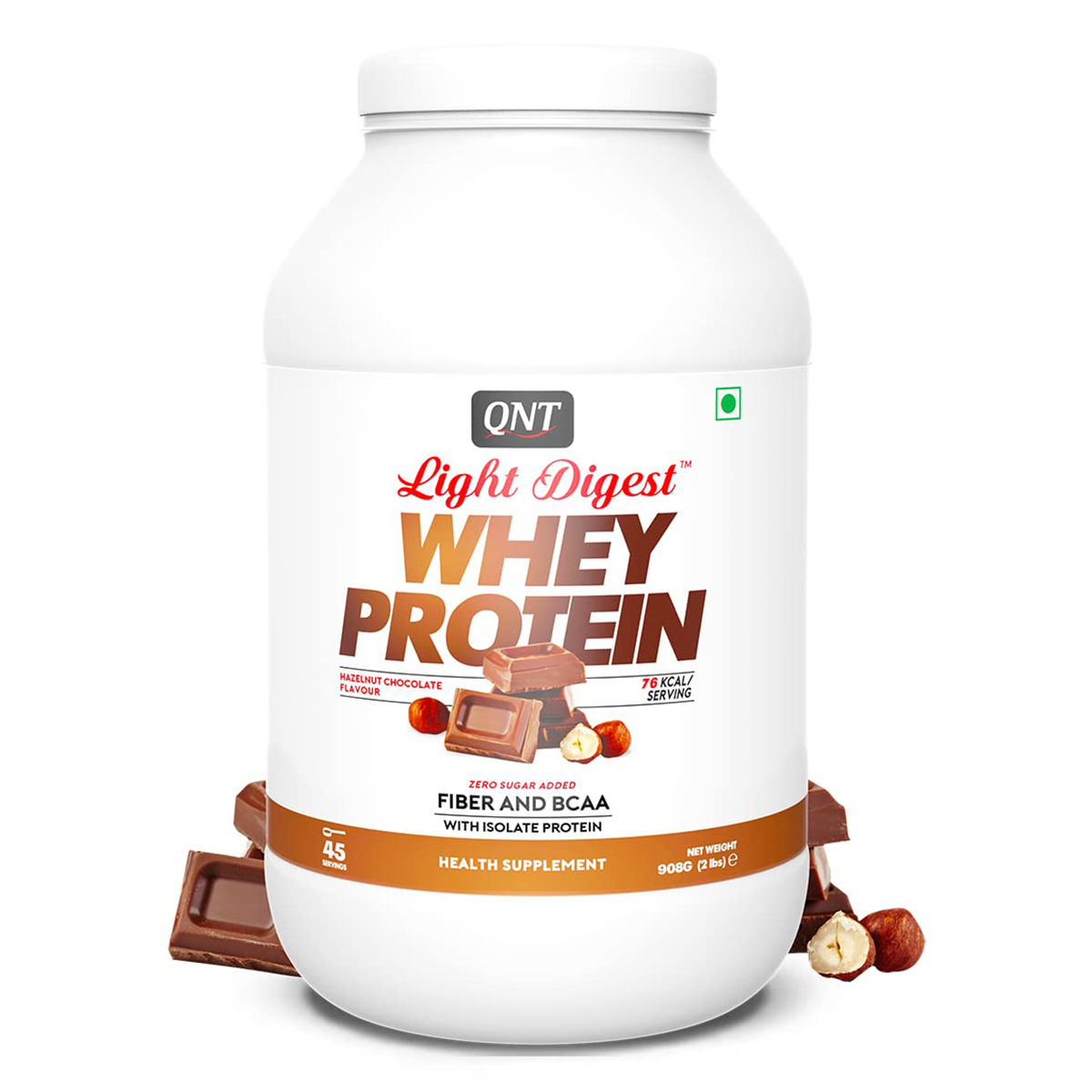 Buy QNT Light Digest Whey Protein Hazelnut Chocolate Flavour Powder, 908 gm Online