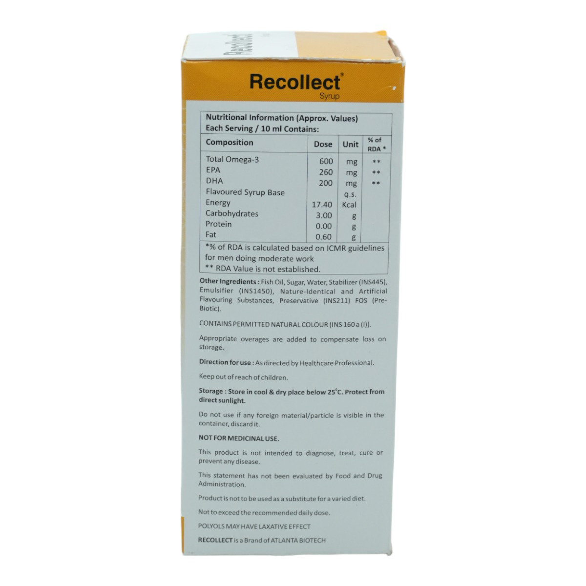 Recollect Omega 3 Delicious Mango Flavour Syrup 150 ml, Pack of 1 Recollect Omega 3 Delicious Mango Flavour Syrup 150 ml, Pack of 1