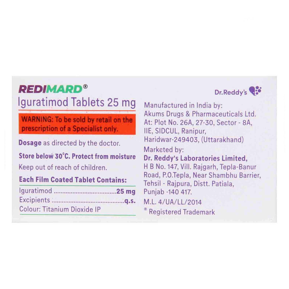 Redimard 25 mg Tablet 10's, Pack of 10 TABLETS Redimard 25 mg Tablet 10's, Pack of 10 TABLETS