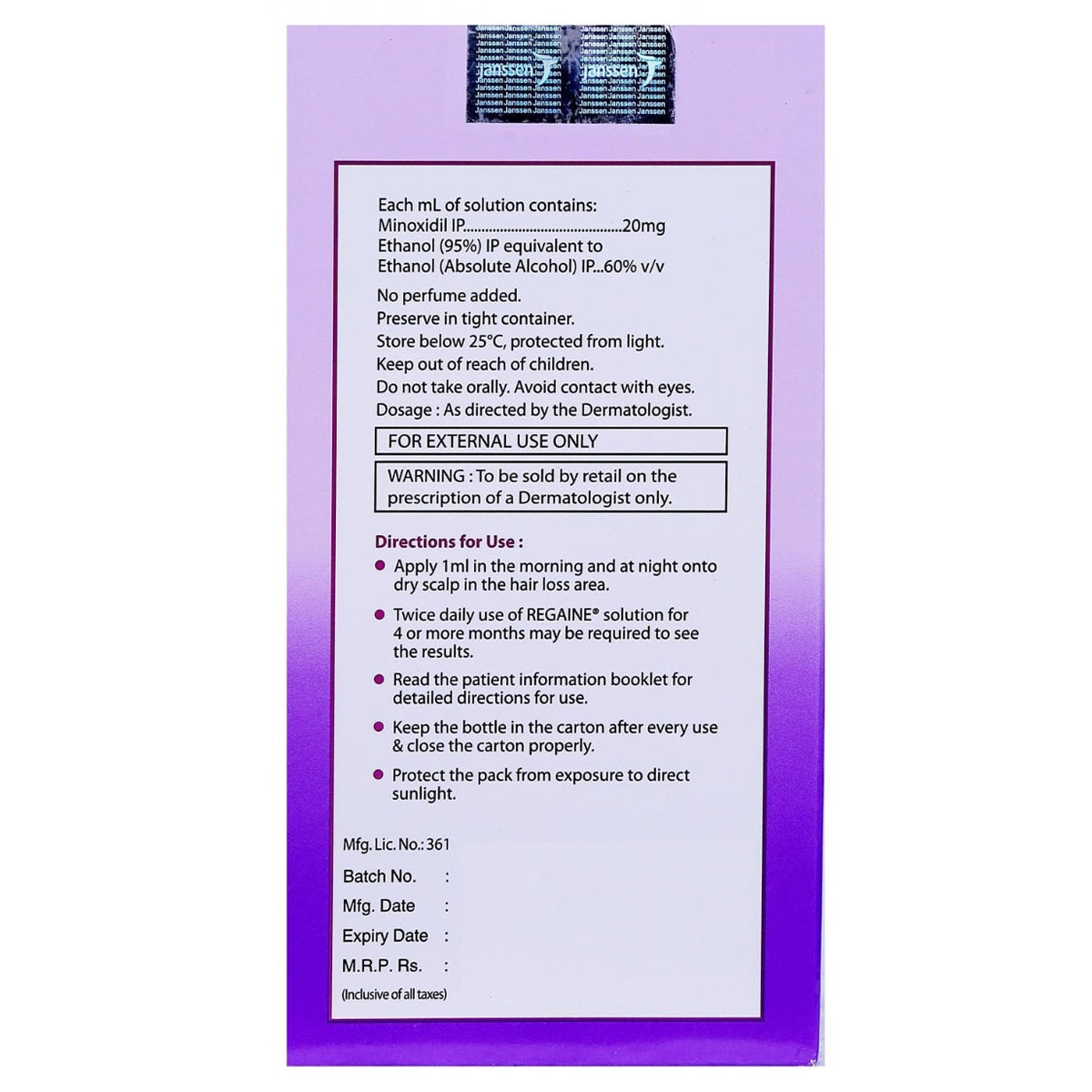 Regaine 2% Solution 60 ml, Pack of 1 SOLUTION Regaine 2% Solution 60 ml, Pack of 1 SOLUTION