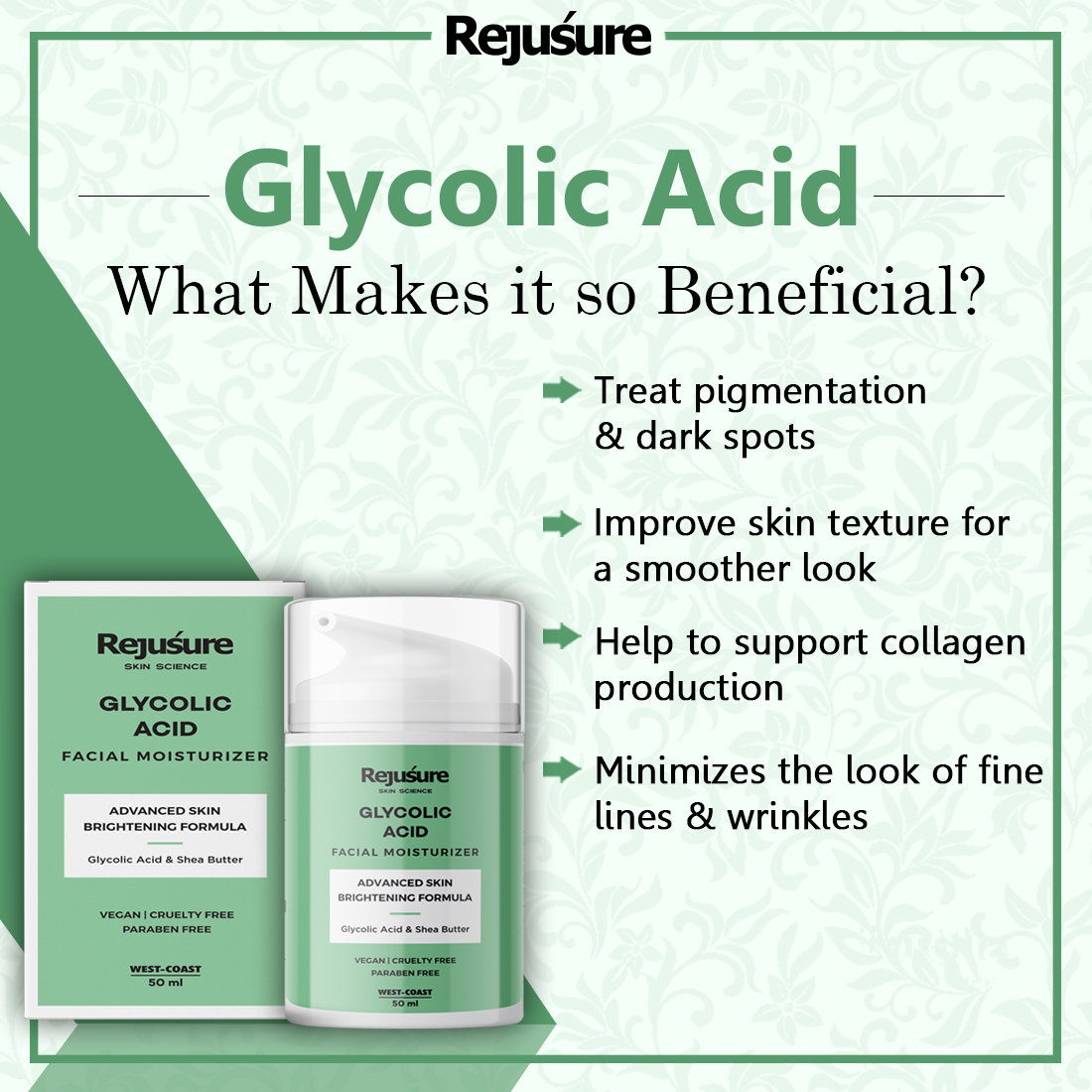 Rejusure Glycolic Acid Facial Moisturizer 50 ml | Glycolic Acid And Shea Butter | Promotes Skin Renewal & Hydration | Minimizes Pigmentation and Dark Spots | For All Skin Type, Pack of 1 Rejusure Glycolic Acid Facial Moisturizer 50 ml | Glycolic Acid And Shea Butter | Promotes Skin Renewal & Hydration | Minimizes Pigmentation and Dark Spots | For All Skin Type, Pack of 1