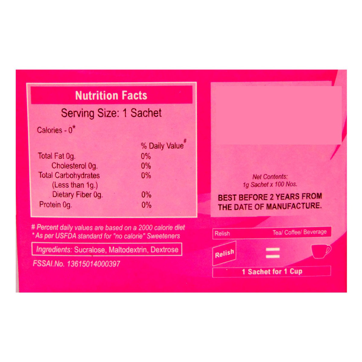 Relish Diet Sugar 100 gm (100 Sachets x 1 gm), Pack of 1 Relish Diet Sugar 100 gm (100 Sachets x 1 gm), Pack of 1