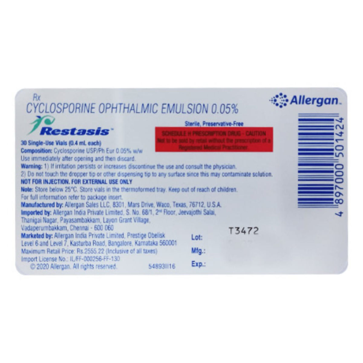 Restasis Ophthalmic Emulsion 30x0.4 ml Price, Uses, Side Effects