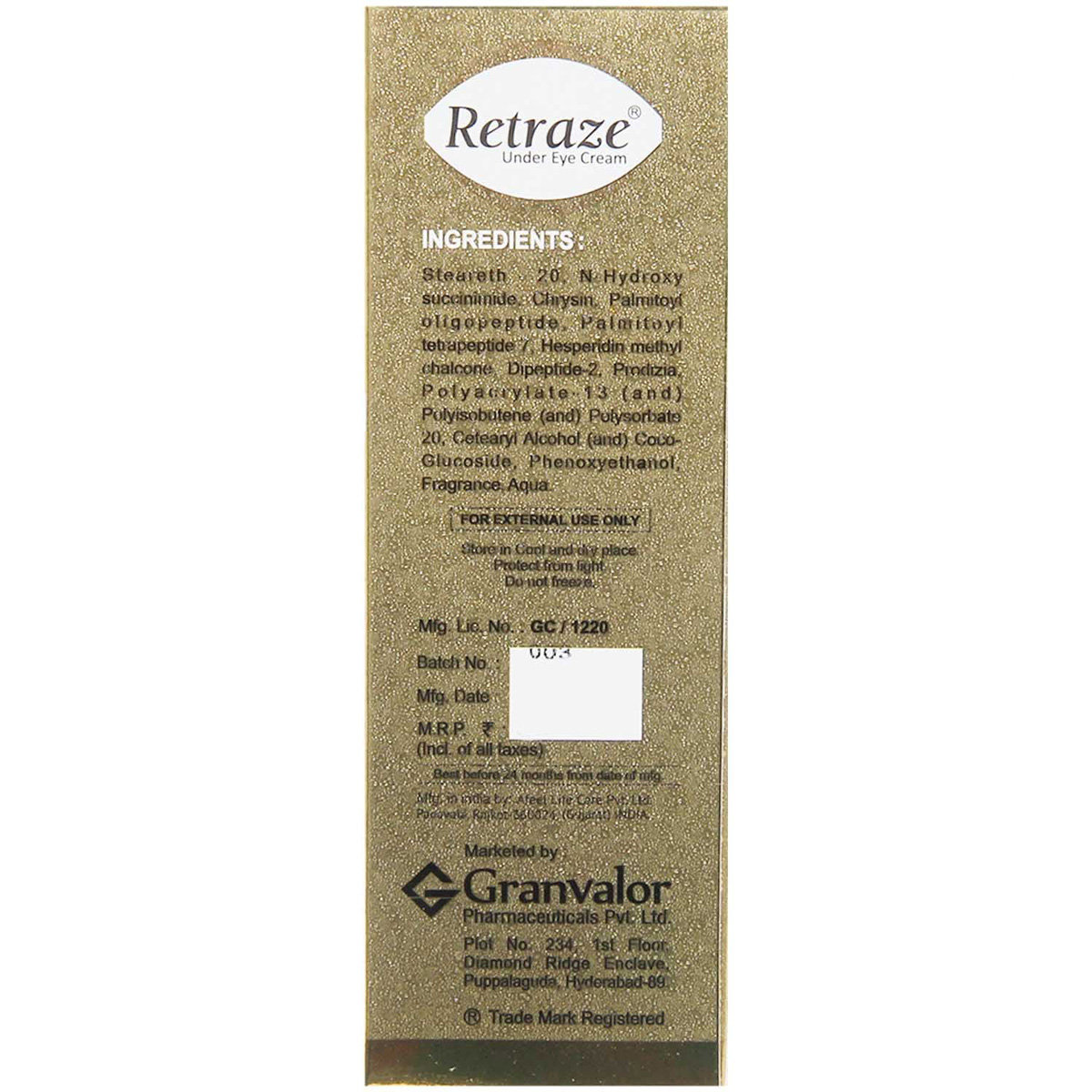 Retraze Under Eye Cream 15 gm, Pack of 1 Retraze Under Eye Cream 15 gm, Pack of 1