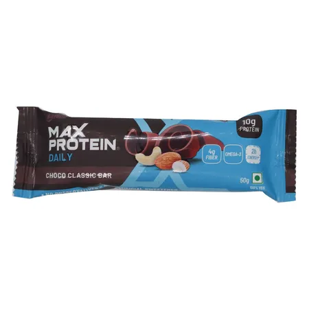 RiteBite Max Protein Daily Choco Classic Protein Bar 50 gm | With 10g Protein, 4g Fiber & 21 Vit. & Minerals | No Cholesterol & Trans Fat For Upto 2h of Energy, Healthy Snack