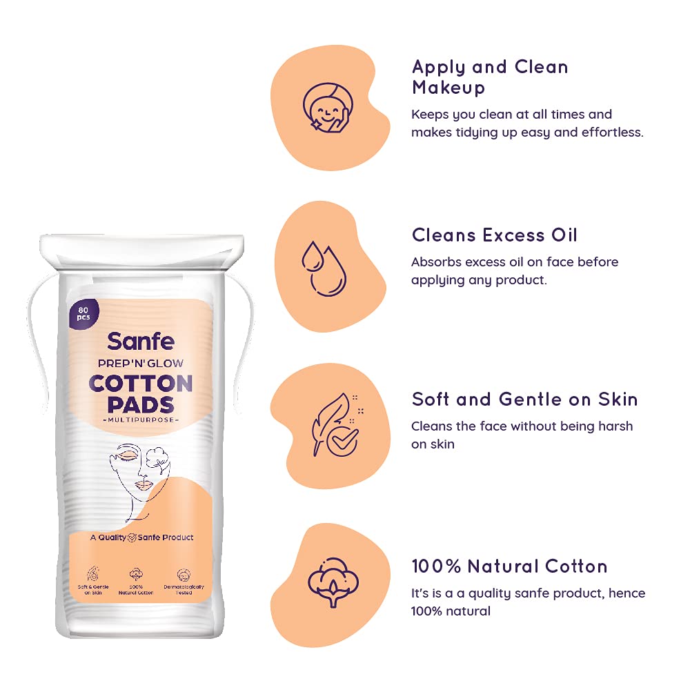 Sanfe Prep 'N' Glow Cotton Pads, 80 Count | 100% Natural Cotton | For Gentle Skin Cleansing | Multipurposes | Safe And Gentle On Skin, Pack of 1 Sanfe Prep 'N' Glow Cotton Pads, 80 Count | 100% Natural Cotton | For Gentle Skin Cleansing | Multipurposes | Safe And Gentle On Skin, Pack of 1