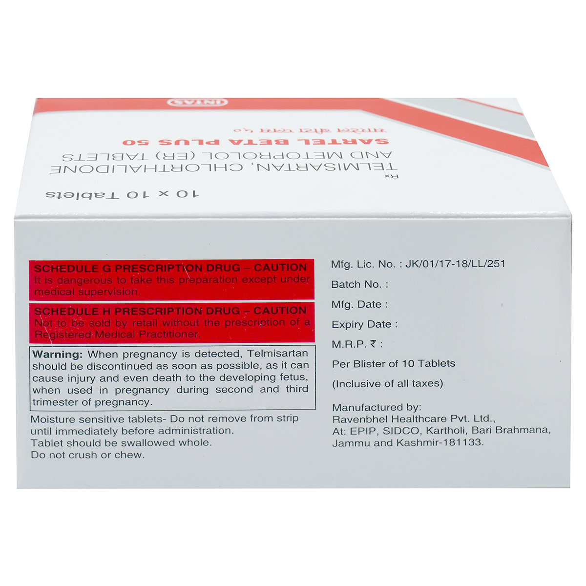 Sartel Beta Plus 50 Tab 10'S, Pack of 10 TABLETS Sartel Beta Plus 50 Tab 10'S, Pack of 10 TABLETS