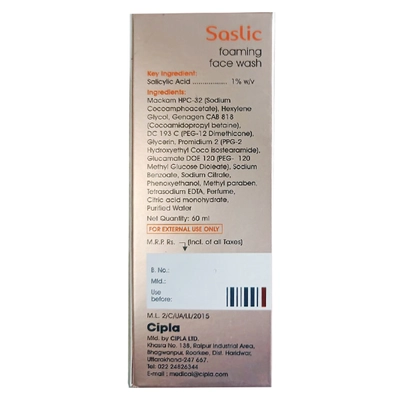 Cipla Saslic Foaming Face Wash 60 ml | Salicylic Acid | pH 5.5 | Fight Acne | For Oily &amp; Pimple Prone Skin, Pack of 1