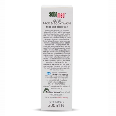 Sebamed Olive Face &amp; Body Wash 200 ml | Olive Oil &amp; Panthenol | Provides Skin Nourishment | Soap Free | For Sensitive, Dry Skin, Pack of 1