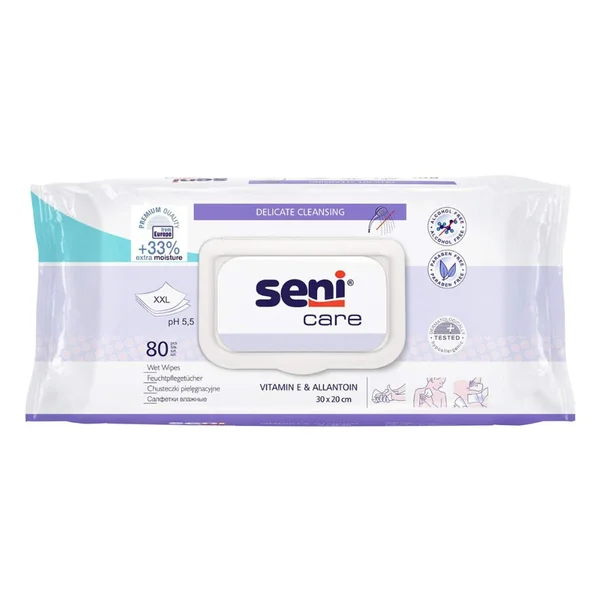 Seni Care Wet Wipes 80 Count | Vitamin E And Allantoin | Delicate Cleansing | pH Balanced | For Sensitive Skin, Pack of 1