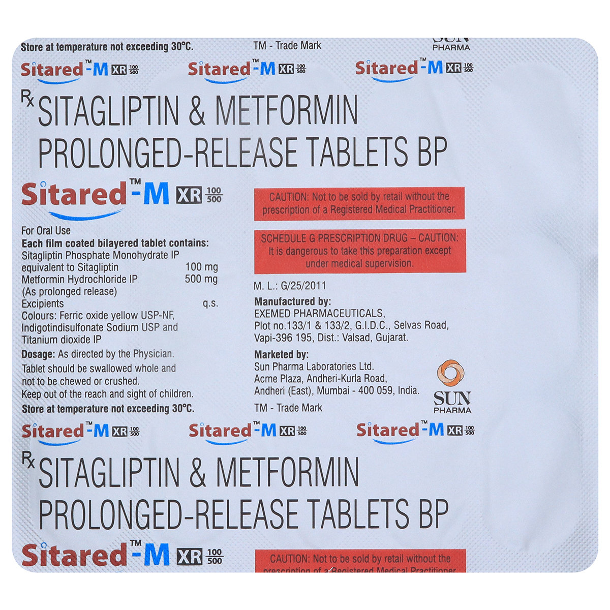 Sitared-M XR 100 mg/500 mg Tablet 15's, Pack of 15 TabletS Sitared-M XR 100 mg/500 mg Tablet 15's, Pack of 15 TabletS
