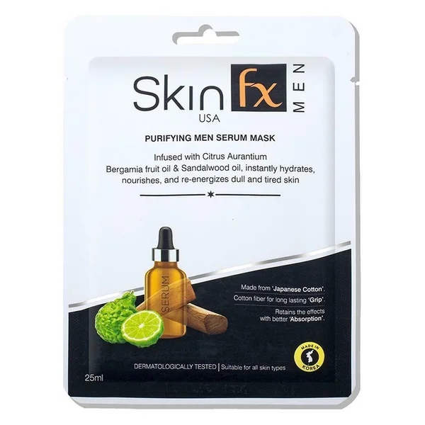 Skin Fx Purifying Men Serum Mask 25 ml | Citrus Aurantium, Bergamia Fruit &amp; Sandalwood Oil | Instant Hydration | Nourishes &amp; Re-enrgies Dull &amp; Tired Skin | For Men | For All Skin Type, Pack of 1