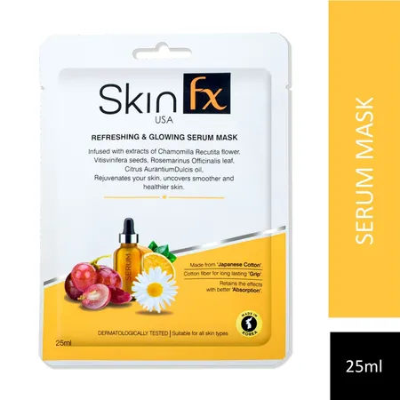 Skin Fx Refreshing & Glowing Serum Mask 25 ml | Camomilla Recutita Flower, Vitisvinifera Seeds, Rosemarinus Officinalis Leafs, Citrus Aurantiumdulcis Oil | Rejuvenates Skin| For All Skin Type
