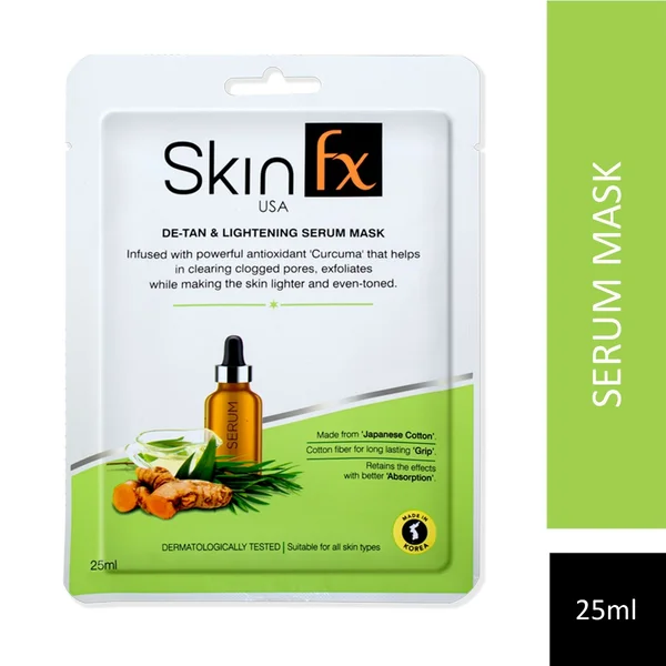 Skin Fx De-Tan &amp; Lightening Serum Mask 25 ml | Infused With Curcuma | Exfoliates &amp; Clears Clogged Pores | For Even Toned &amp; Brighter Looking Skin | For All Skin Type, Pack of 1