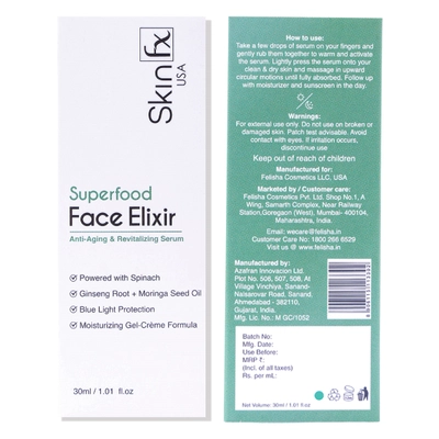 Skin Fx Face Elixir Anti-Aging &amp; Revitalizing Serum 30 ml | Spinach, Ginseng Root &amp; Moringa Seed Oil | For 72 Hr Moisturization &amp; Hydration | Blue Light Protection | Gel-CrÃ¨me Formula | For Men &amp; Women | For All Skin Type, Pack of 1